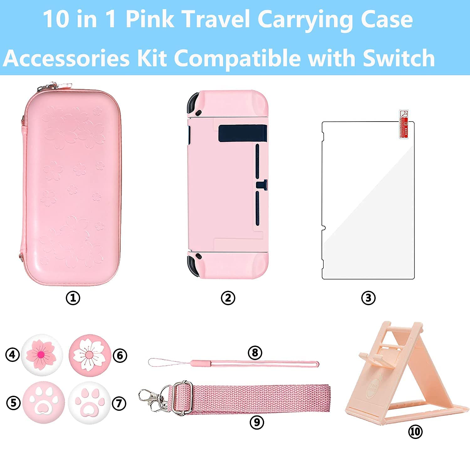 OLDZHU Étui de Transport Rose pour Nintendo Switch - 10 en 1 Accessoires Pack Roses avec Couverture de Protection Dure,Protecteur d'écran en Verre,Support réglable,Capuchons de poignée de Pouce