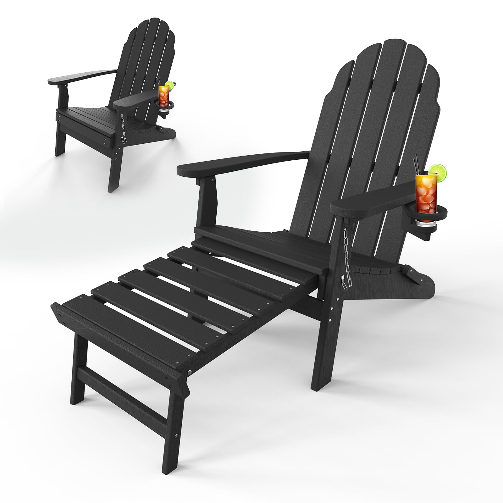 Buy Folding Adirondack Chair with Ottoman, Retractable, Poly Lumber Patio Chairs with Cup Holder