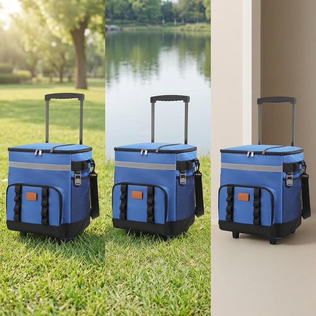 Borsa Termica Porta Pranzo, Borsa Frigo Pieghevole con Ruote, Frigo Portatile, Borsa Mare Grande con Manico, Blu