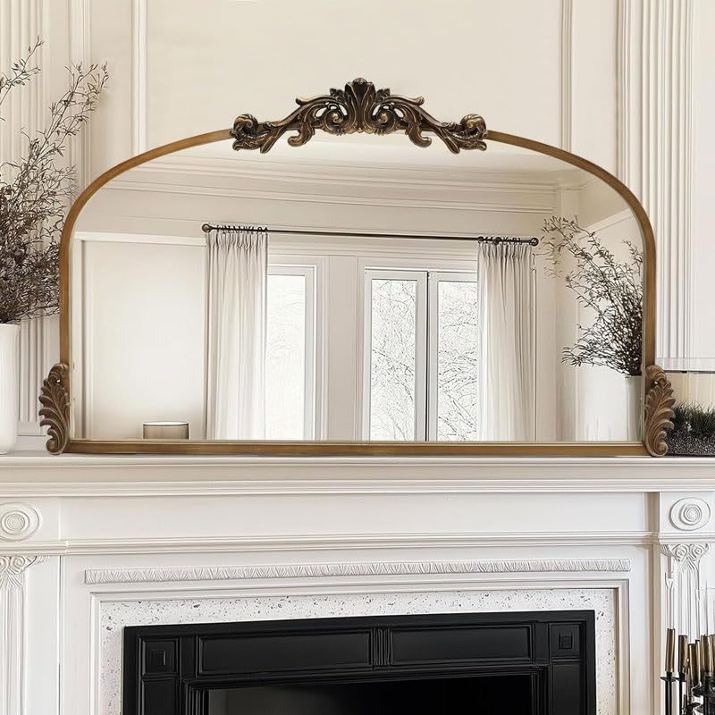 Baroque Arched Wooden Wall Mirror – Antique Gold Finish with Ornate Crown Detailing, Luxury Mantel & Living Room Statement Mirror (24x40 inches)-image-11
