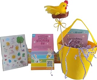 DIY - Cesta Pascua decora tu mismo! para Niños, Paquete de Actividades con Pollo Decorativo, BolsoTurquesa con libro de pegatinas,libro, colores y diamantes para tu bolsito (Amarillo)