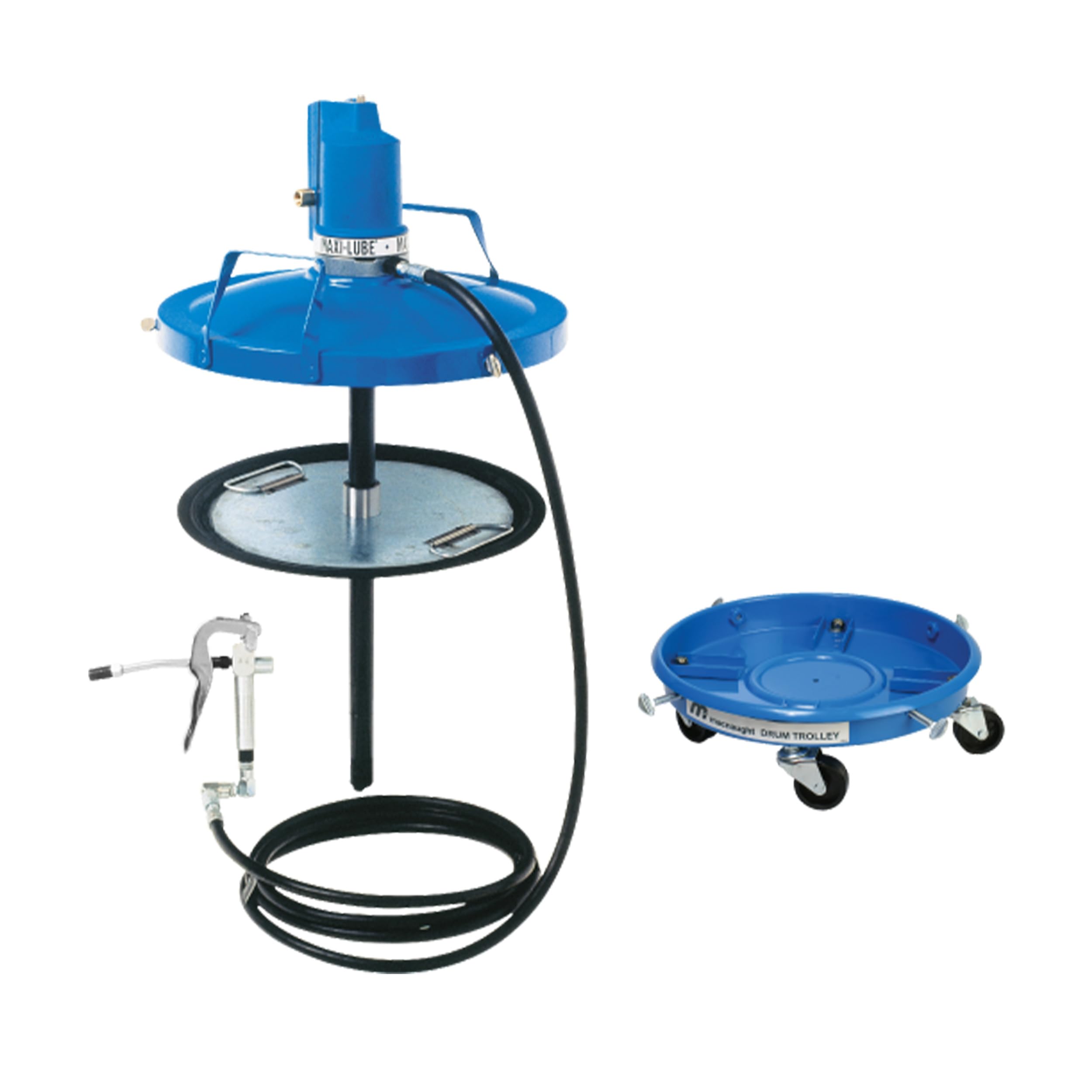 Legendary P6TR 50:1 Air-Operated Greasing Pump for 120 lb. Drum. Includes Booster Gun, Hose and Trolley, Low Air Consumption (3CFM)