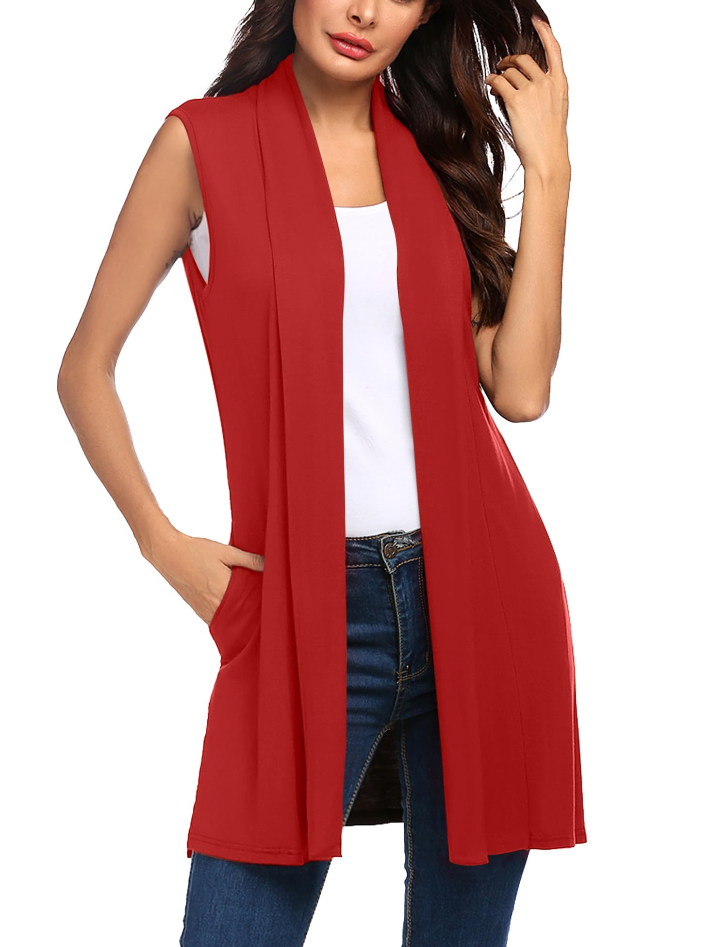 Beyove Womens Long Vests Sleeveless Draped Lightweight Open Front Cardigan Layering Vest with Side Pockets
