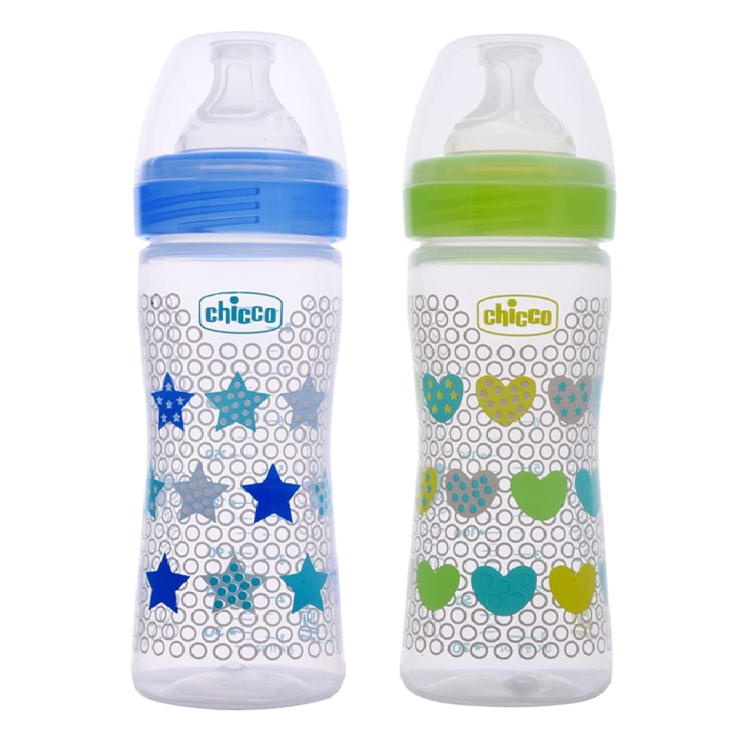 Chicco Well-Being Bipack 250 ml Feeding Plastic Bottle, Advanced Anti-Colic System, BPA Free, Hygienic Silicone Teat (Blue & Green)