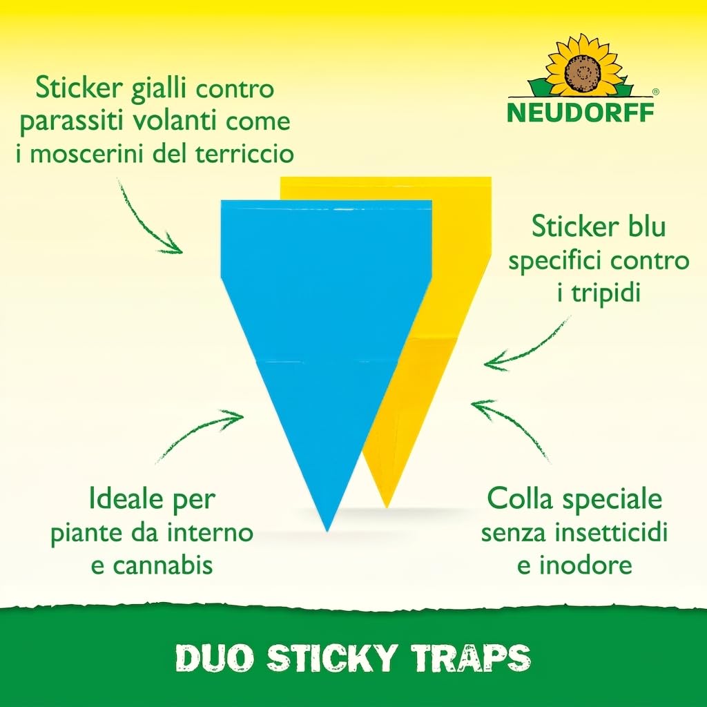 Neudorff Duo Sticky Traps – Trappole adesive blu contro i tripidi e trappole adesive gialle contro i moscerini sciaridi. Senza insetticidi, 20 pezzi