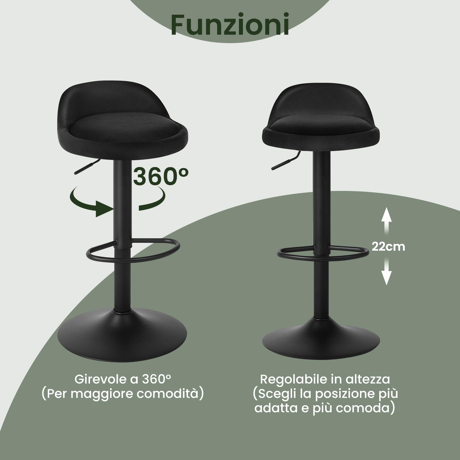 EUGAD Sgabelli da Cucina in Velluto con Poggiapiedi Sgabelli da Bar Moderni per Bancone Penisola Sedie Alte Girevoli Altezza Seduta Regolabile 62-84cm, Nero 2 Pezzi 0824BY-2