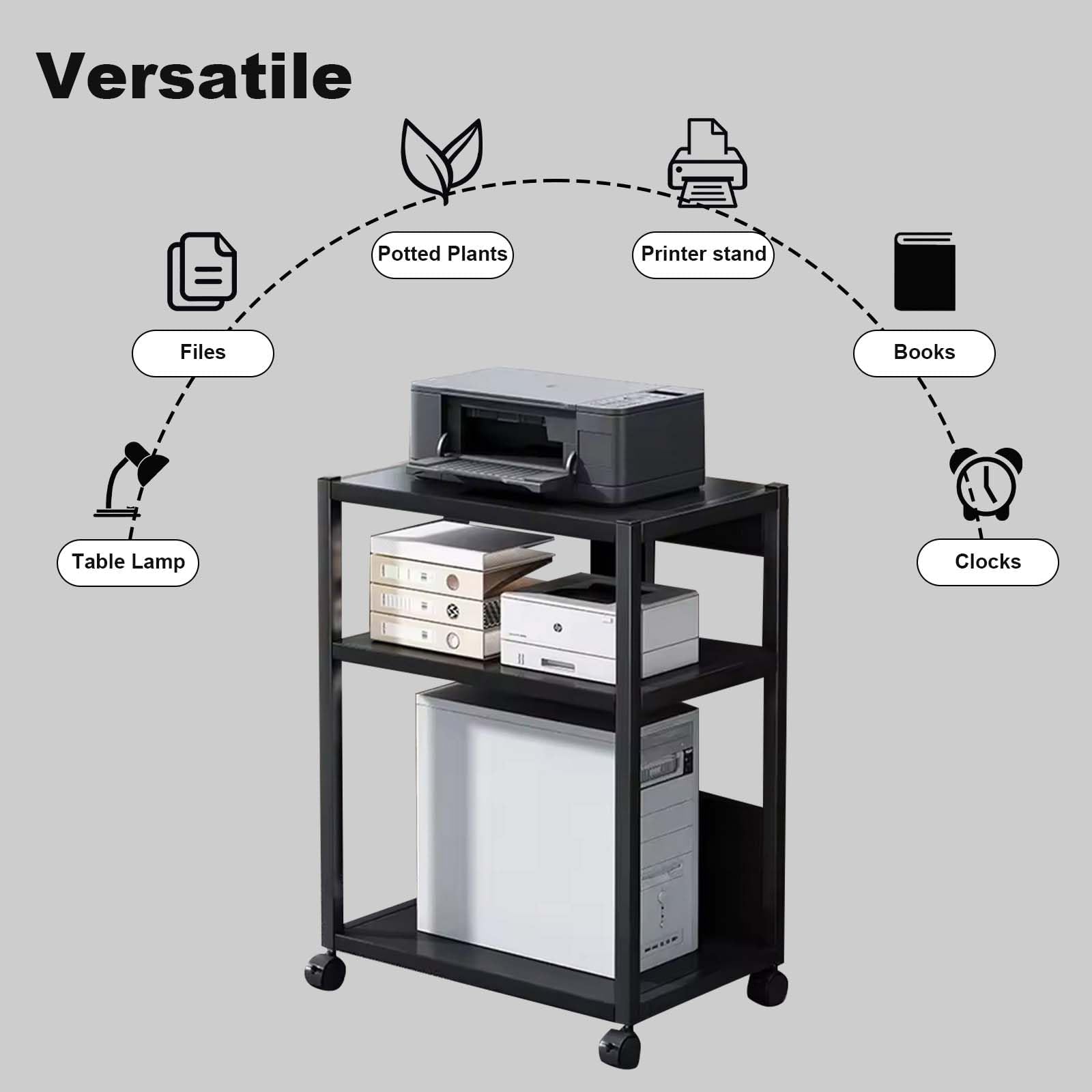 Garvee Support pour Tour PC et Imprimante à 3 Niveaux Hauteur Réglable | Chariot Métallique à Roulettes 360° Freinables, Rangement Sous Bureau Charge 30 kg, 69 x 51 x 30 cm, Noir