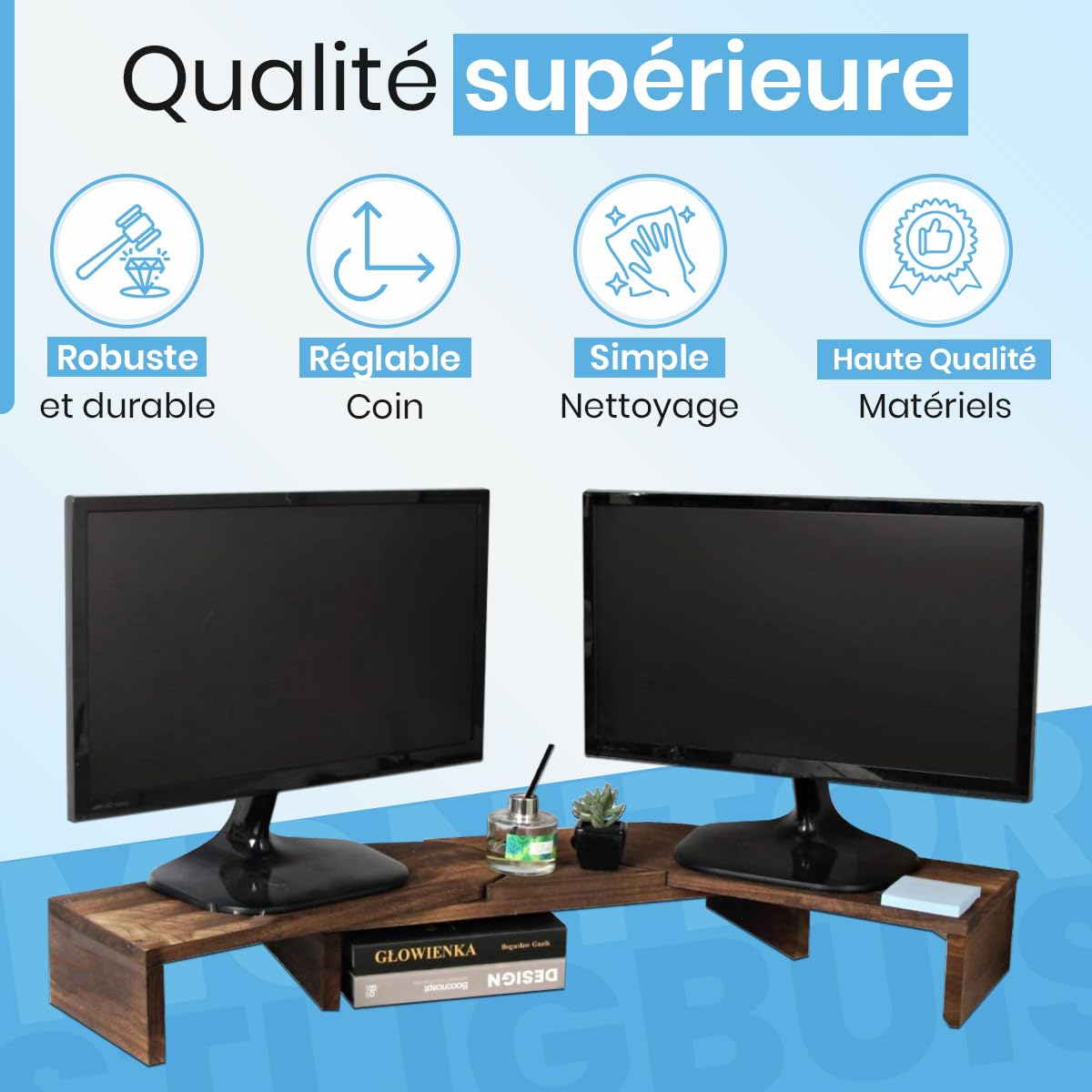 Fleau Rehausseur d'écran réglable Home - Support pour ordinateur portable - Organiseur de bureau ergonomique - Support pour deux écrans avec tiroir - Rehausseur - Bois