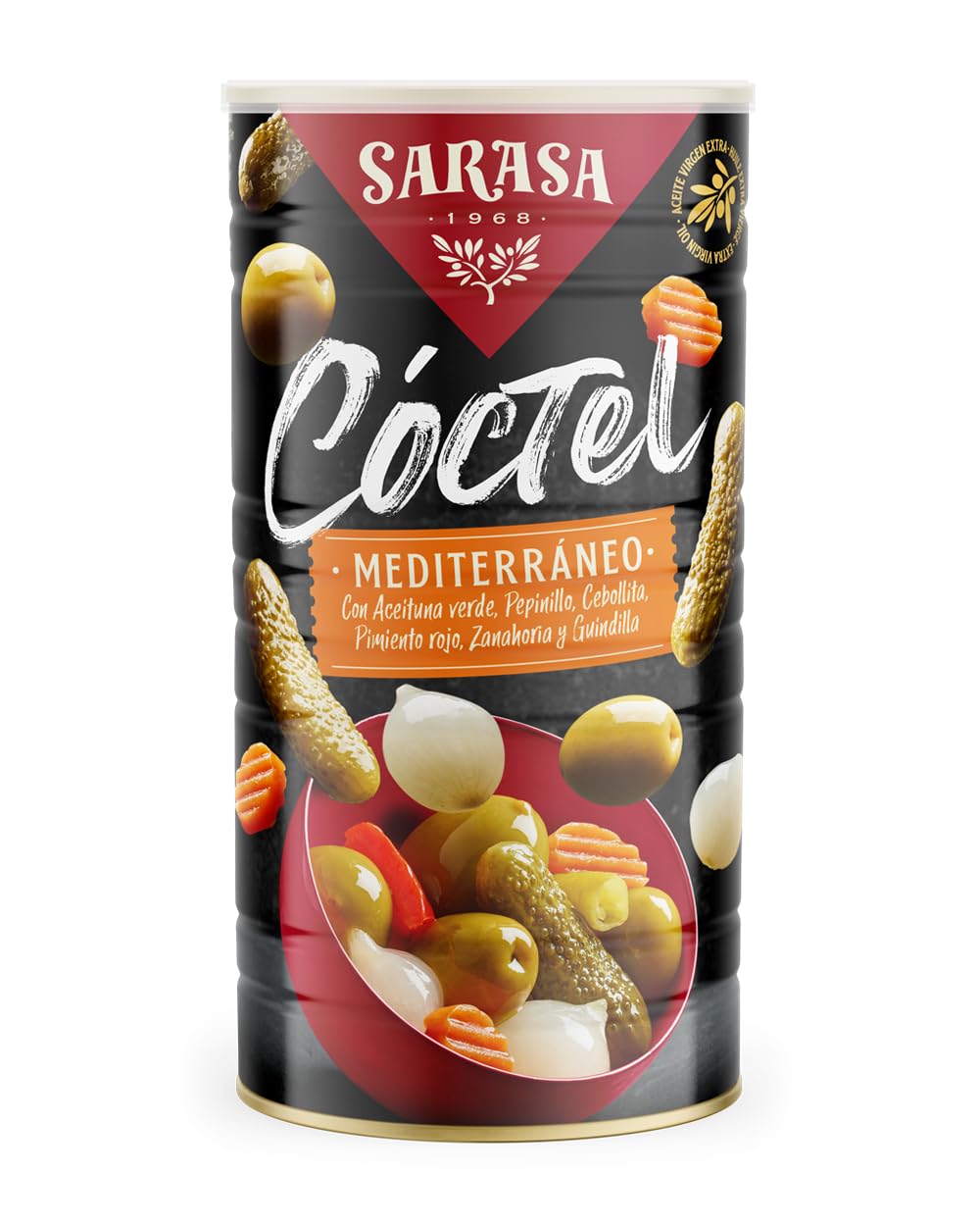 Cóctel Mediterráneo Mix de aceituna verde, cebollita, pepinillo, pimiento, zanahoria y guindilla Sarasa (PESO NETO350g (PESO ESCURRIDO180g), 6 LATAS)