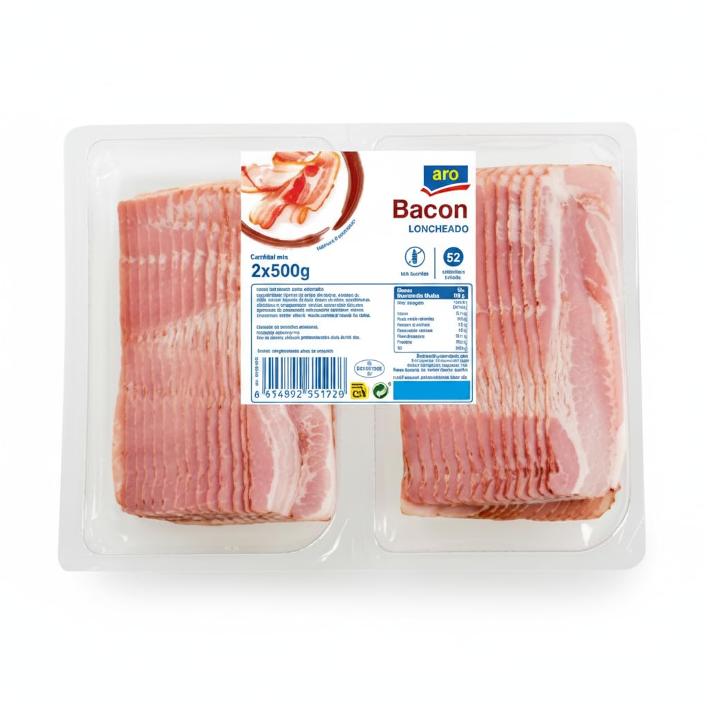 Bacon Loncheado - Panceta de Cerdo Ahumada 95% Carne - Pack 1kg (2x500g) Aprox. 52 Lonchas - Sin Gluten y Sin Lactosa - Aro - Ideal para Desayunos, Hamburguesas y Recetas - NEXU