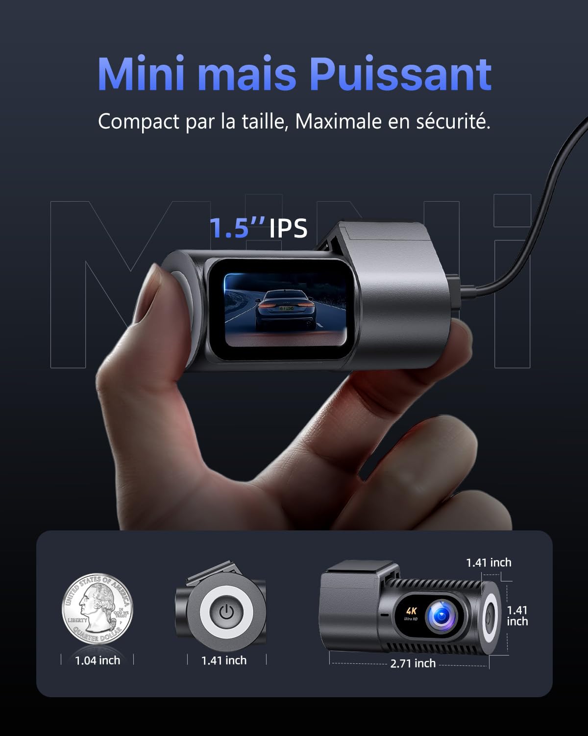 Dashcam Voiture 4K avec Écran IPS 1,5" & 5G WiFi & Carte SD 64G, Mini Dash Camera Voiture Rotative 360°, WDR, Mode Stationnement 24H, Capteur G, Enregistrement en Boucle, Grand Angle 170°, C200