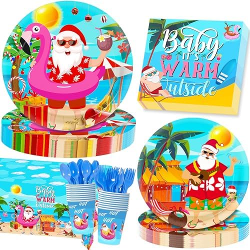 Christmas in July Decorations,151PCS Christmas in July Party Plates and Napkins Set(Serves 25),Includes Plates,Napkins,Cups,Tablecloth,Fork and Spoon for Hawaiian Party Decorations
