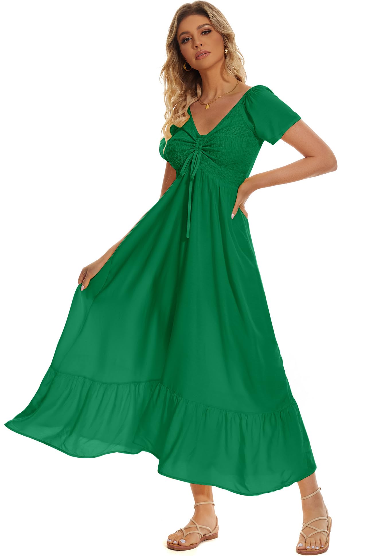 Summer Floral Smocked Maxi Dress for Women 2026 Casual Flowy Tiered A Line Boho Beach Party Long Dresses with Short Sleeve