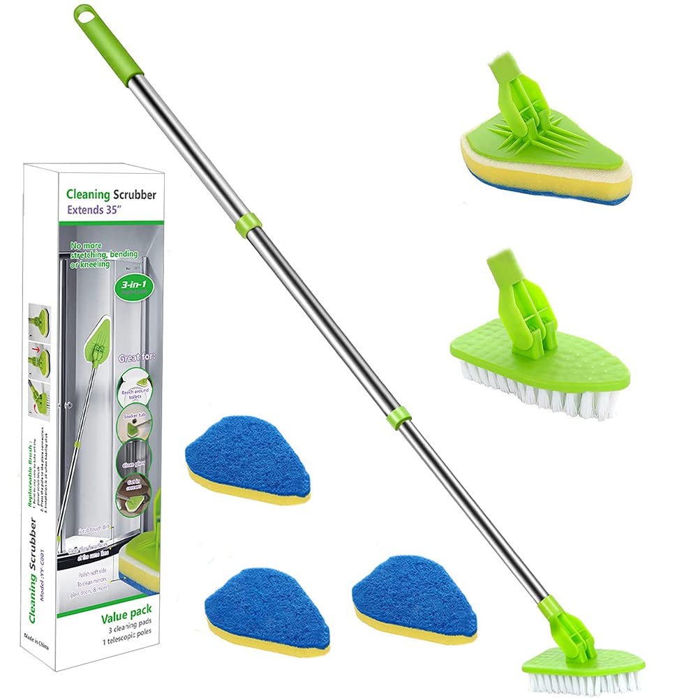 Long handled scrubbing Cleaning brush,2 in 1 Tub and Tile Extendable Floor shower Sponge Brush for Kitchen Bathroom Tile Windows,Contains 1 Stiff Brush &3 Sponge Brush