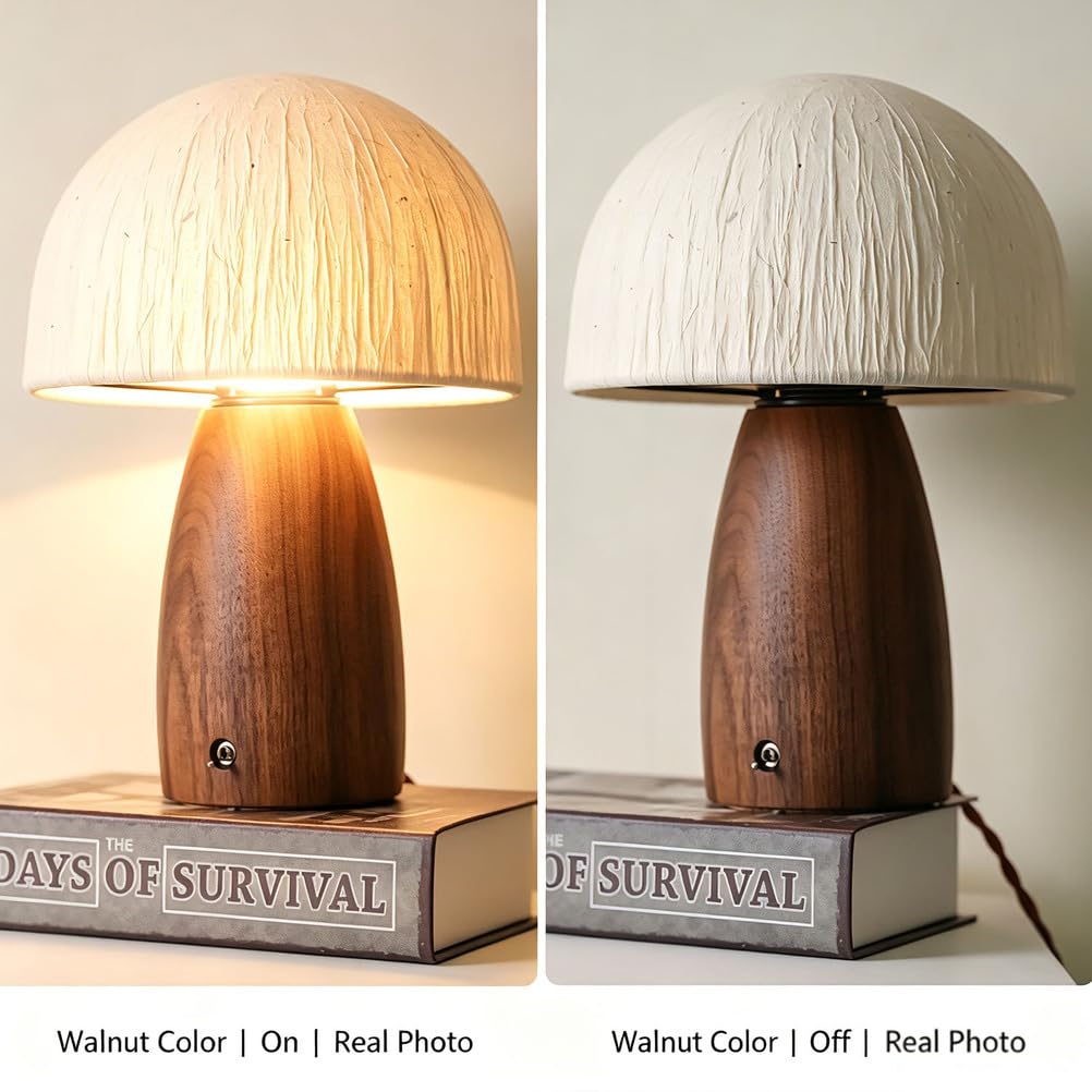 Lampada da Tavolo Fungo Paralume Carta Base Legno Comodino