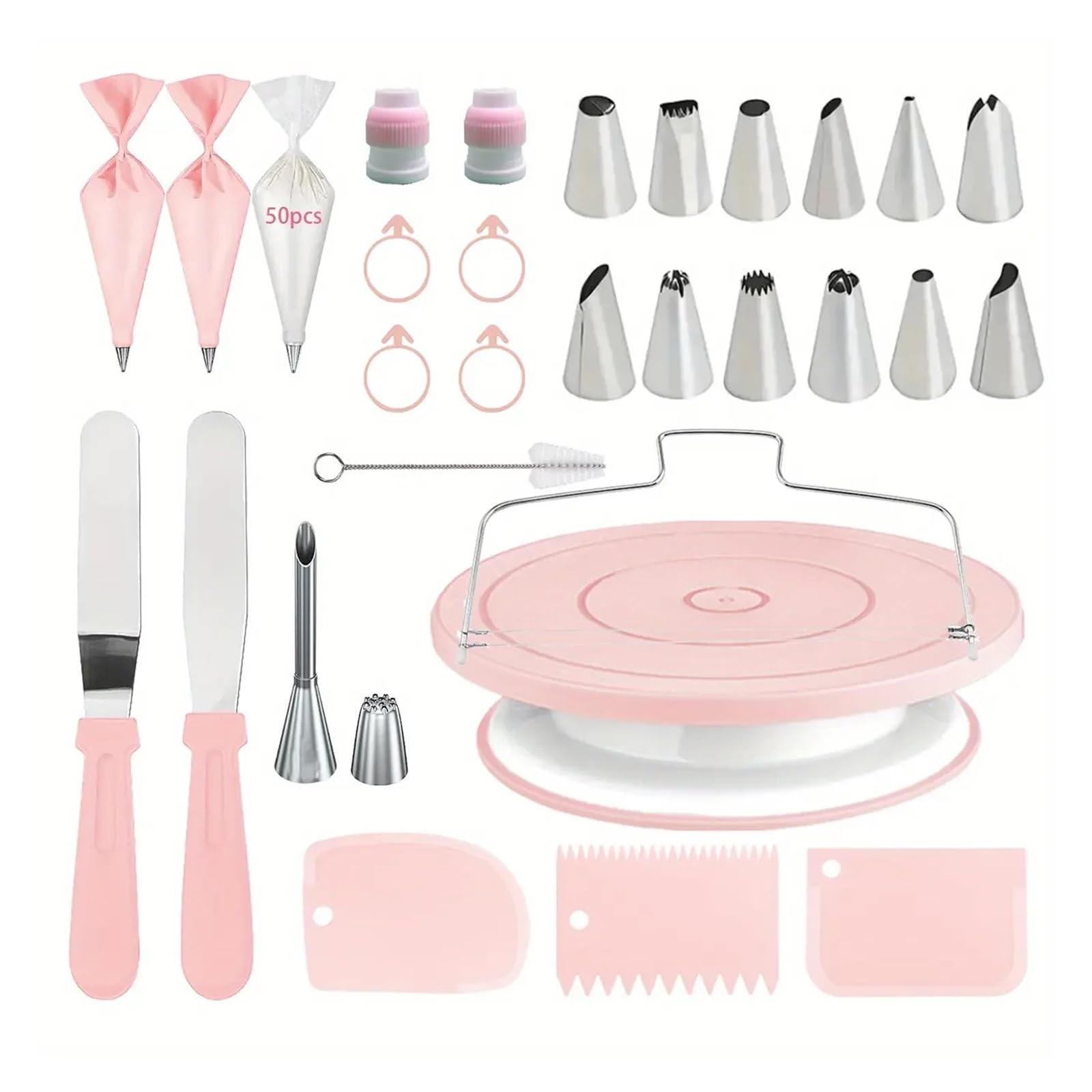 80-teiliges Kuchendekorationsset – rutschfester Drehteller mit 14 Spritztüllen, Schabern und Werkzeugen for professionelles DIY-Backzubehör(BP-80pcs-pink-B)