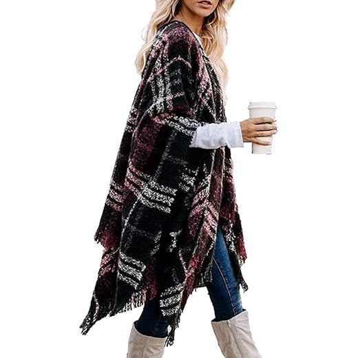 LittleMax Ponchos for Women,Juniors Shawl Wrap Open Front Boho Buffalo Cardigan Oversized Plaid Cape Sweater Knitted Tassel Coat Pashmina Wine Red
