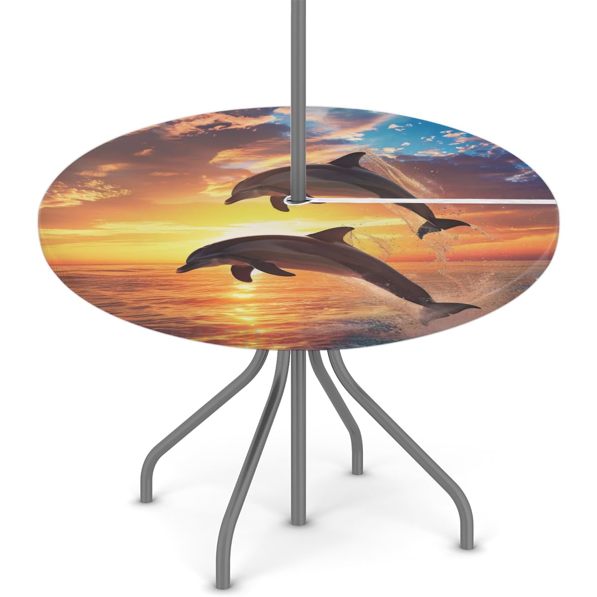 YPPAHHHH Round Outdoor Fitted Tablecloth with Umbrella Hole, Dolphin Sunset Elastic Table Cloth Ocean Dolphin Waterproof Table Cover with Zipper for Patio Picnic, 45