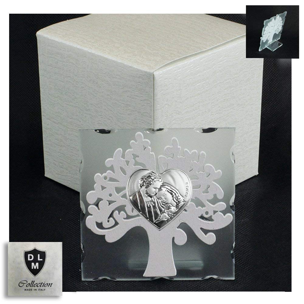 DLM-29892 (Kit 6 Pezzi) Icona in Vetro Cuore Sacra Famiglia e Albero della Vita in Legno Bianco Matrimonio Battesimo Comunione bomboniera