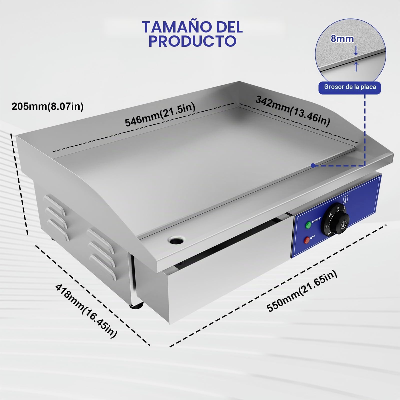 TAIMIKO - Plancha eléctrica profesional de 55 x 35,5 cm, placa de cocción lisa, 2 zonas de cocción 3000 W, plancha comercial para barbacoa de acero inoxidable, parrilla posable con termostato y