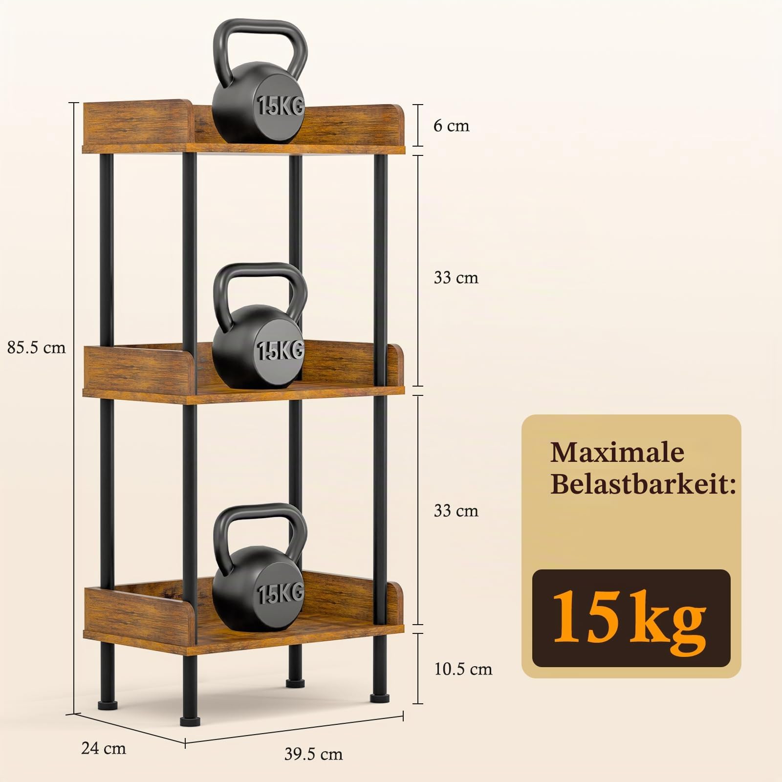Suhu Bücherregal mit 3 Ebenen Küche Standregal Holzregale und Metallrahmen, Modernes Regal für Wohnzimmer Schlafzimmer Balkon Schwarz + Braun