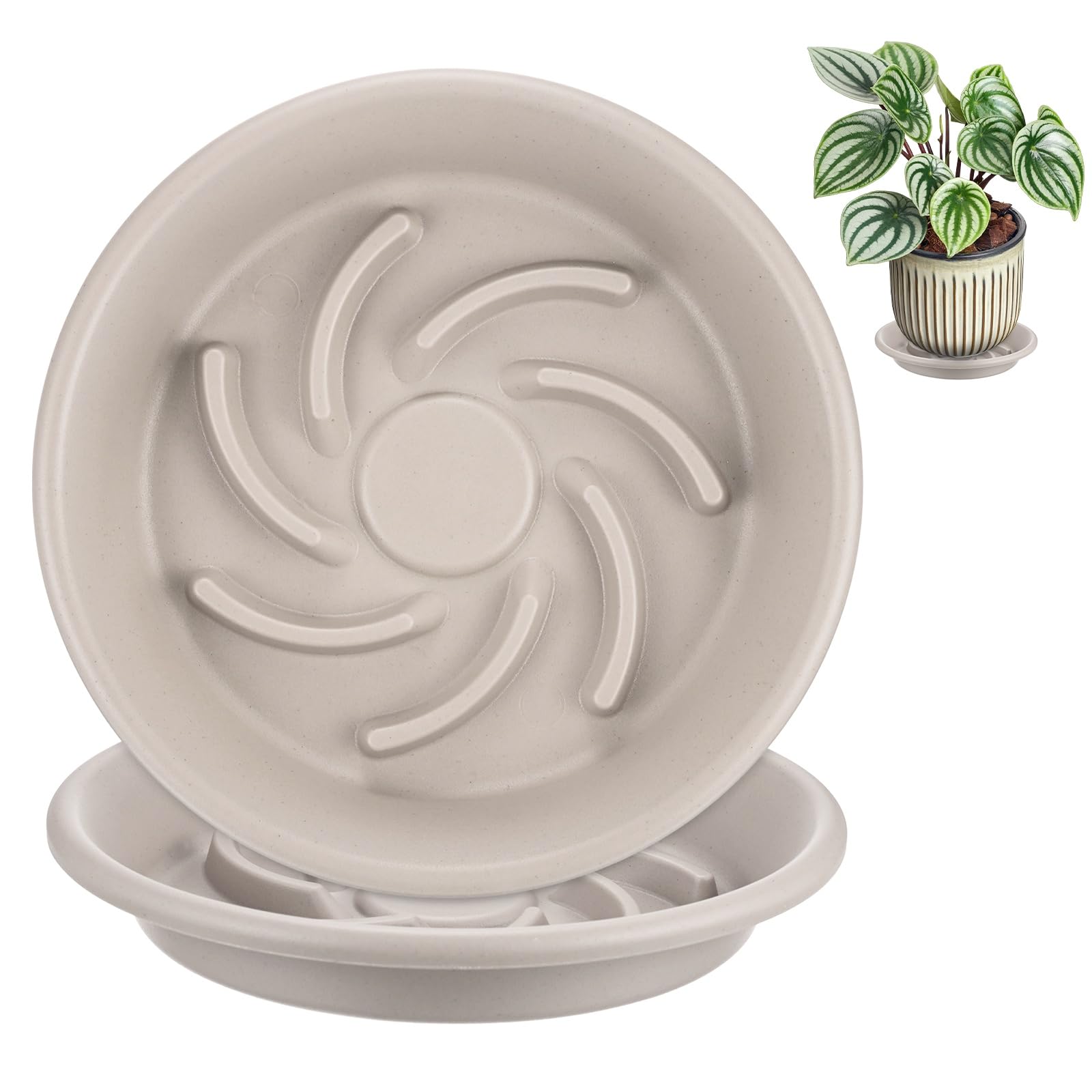 M METERXITY 2-Pack Plant Saucers, 6.3 Inch 16cm ID Anti-Rot Root Resin Flower Pot Plant Saucers for Indoor/Outdoor, Flowerpot Drip Tray [8.3 Inch OD, Gray White]