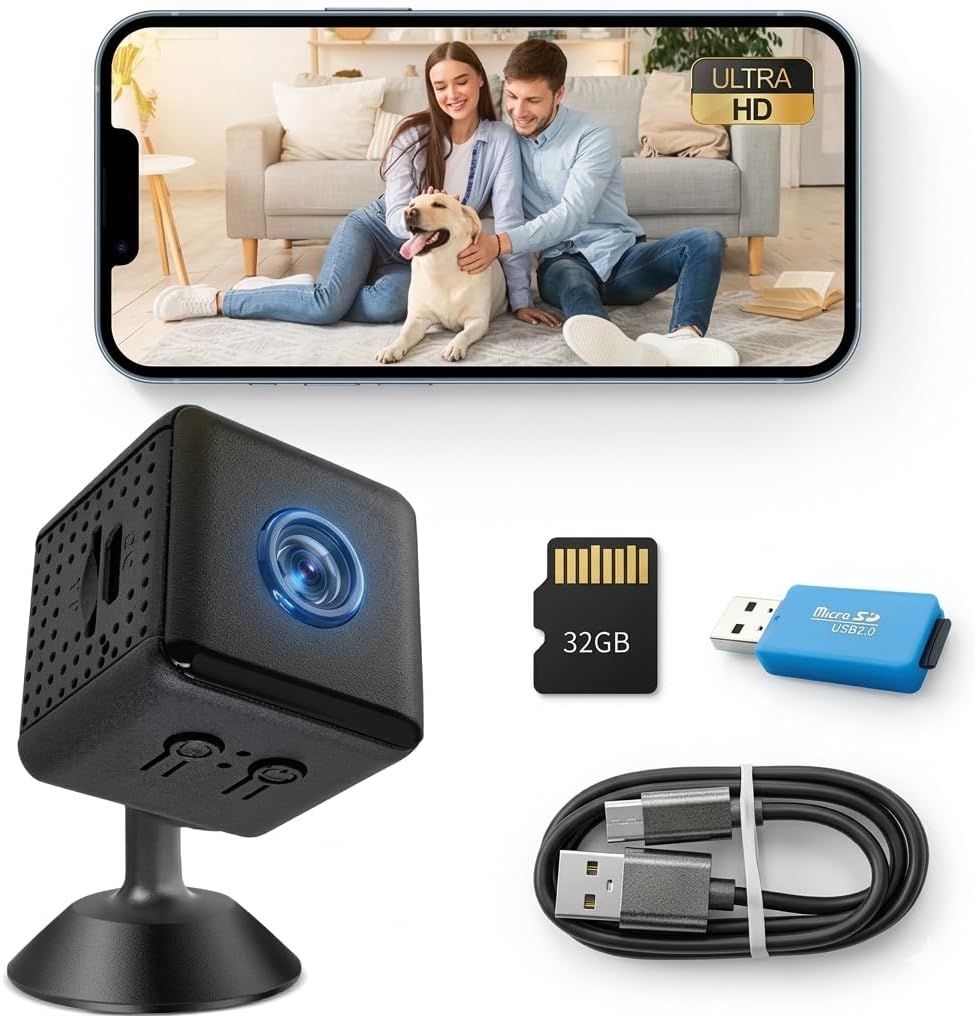 Mini Camera WiFi Security Camera Wireless Indoor Outdoor, 1080P HD Rechargeable Battery Powered Surveillance Camera 32GB SD Card & Reader Included, Smart Motion Detection