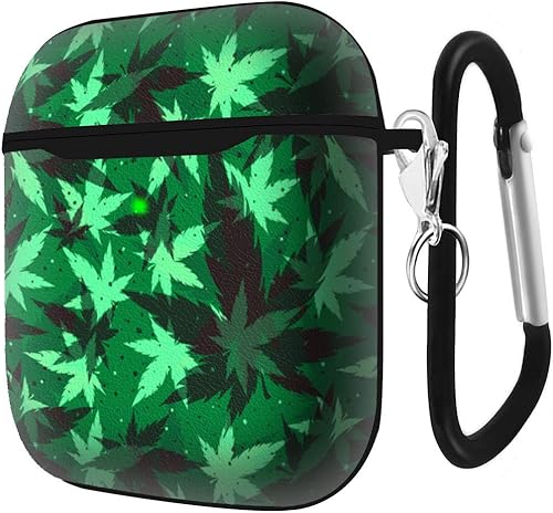 Miniatura 7 de Funda de carga compatible con AirPods de 1 y 2 generación, funda protectora de cuero suave a prueba de golpes (patrón de hojas de marihuana)