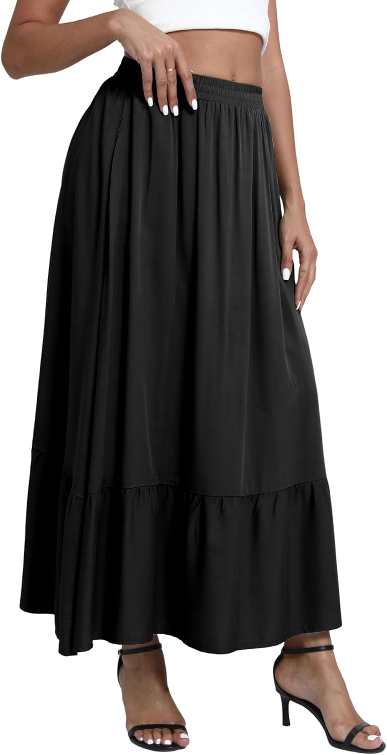EXCHIC Women's Flowy Boho Maxi Skirt Elastic Waist A-Line Flared Ruffle Long Skirts with Pockets - Image 4