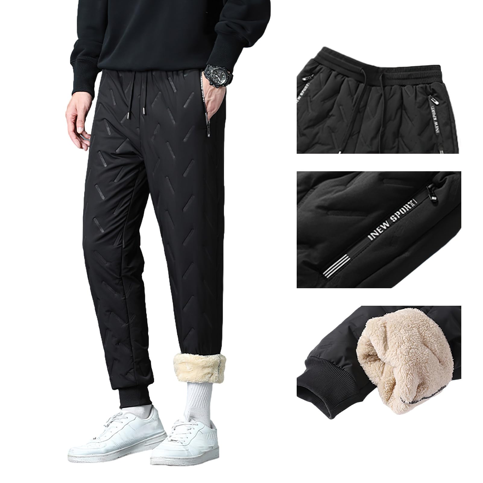 Uomo Inverno Caldo Tuta da Ginnastica Trapuntata Foderata in Pile Giacca e Pantaloni della Tuta con Tasche con Zip