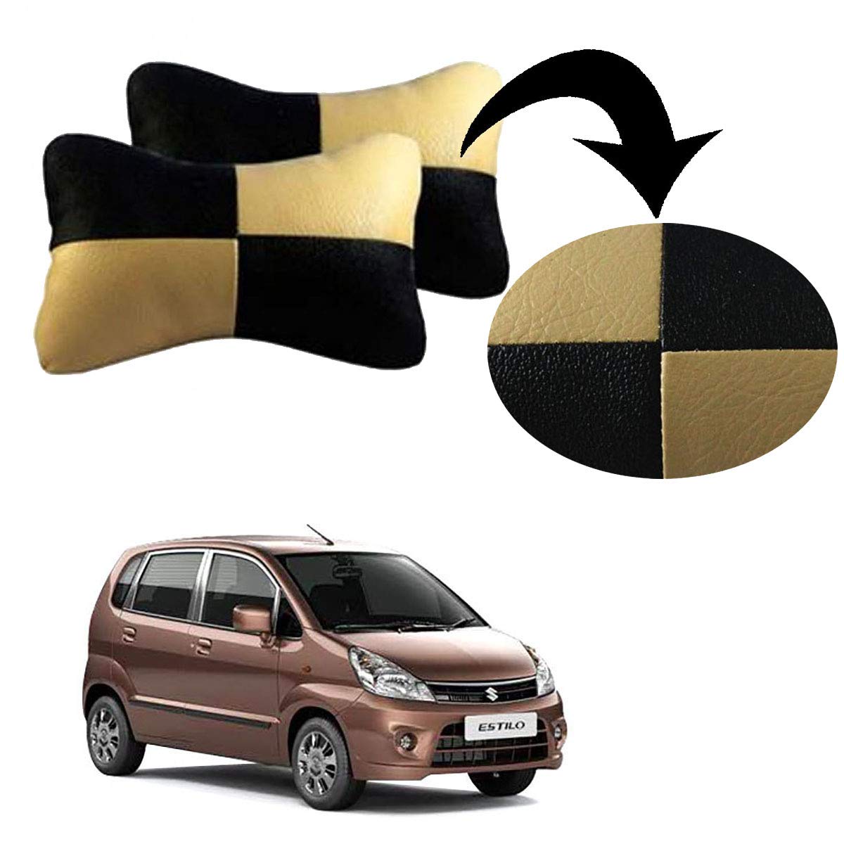 SHOOLIN Car Neck Rest Cushion/Car Pillow Maruti Suzuki Zen Estilo_(Pack of 2_Black & Beige)