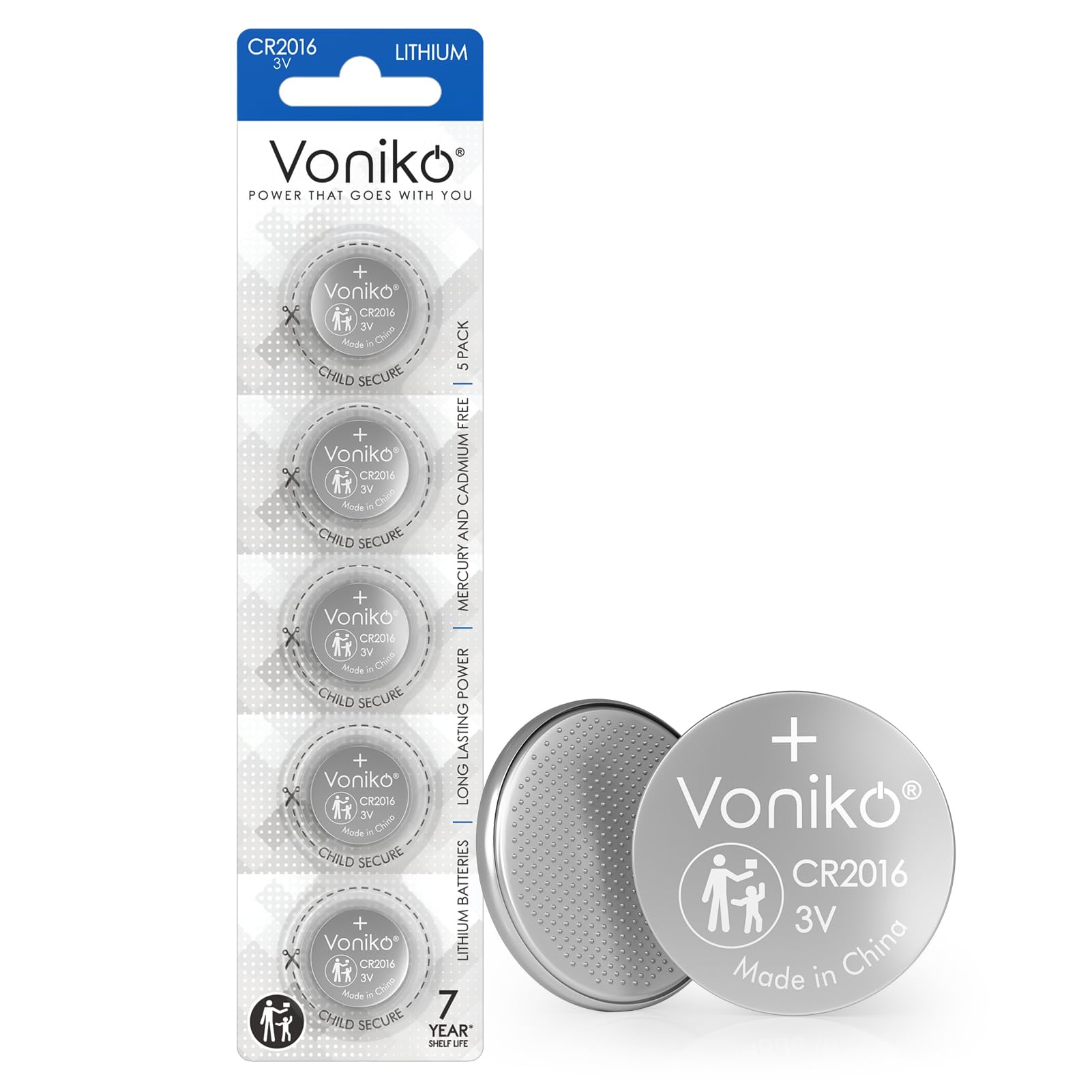 Voniko CR2016 3V Lithium Batteries 5 Pack for Child Safety, Compatible with Remotes, Key Fobs, Glucose Monitors - 7 Years Shelf Life