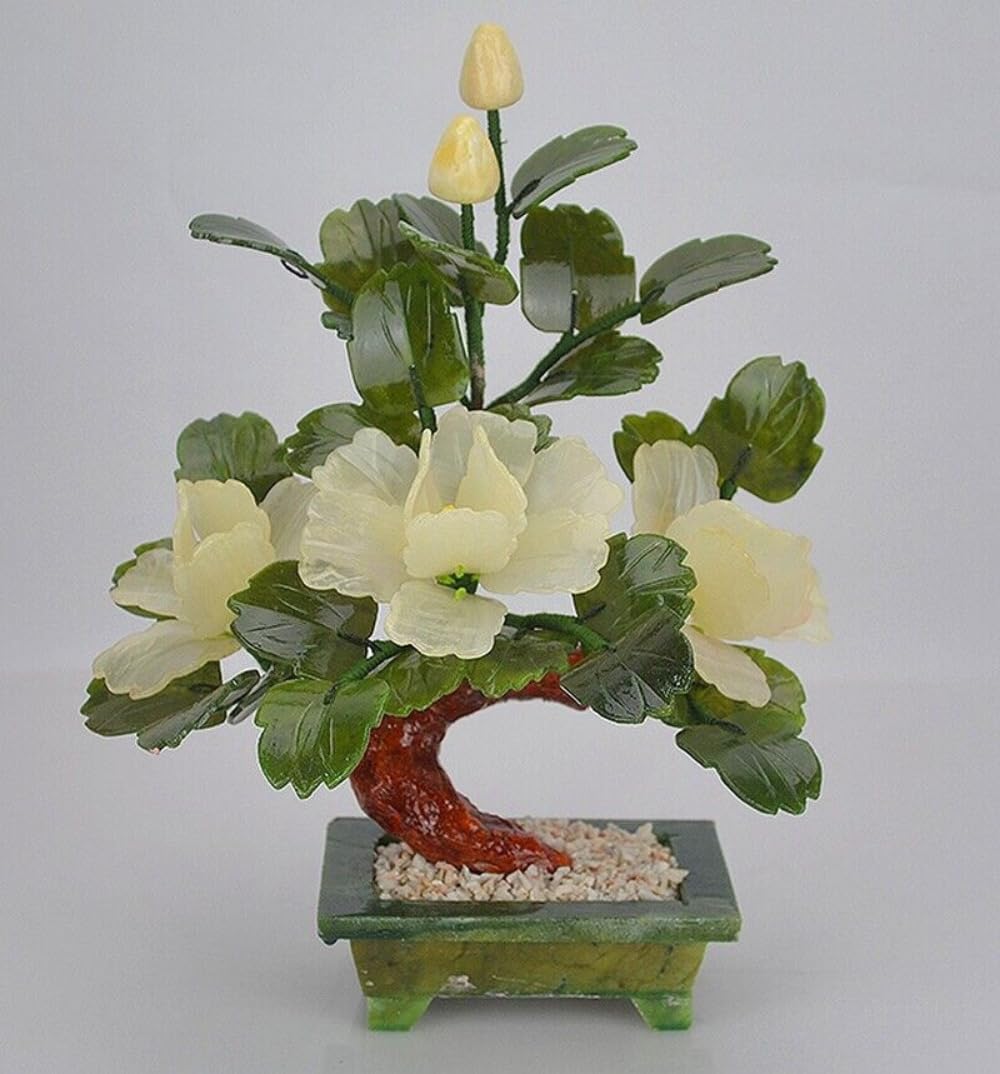 Chinese Natural Jade Flower White Peony Bonsai Flowering Tree Feng Shui Decoration
