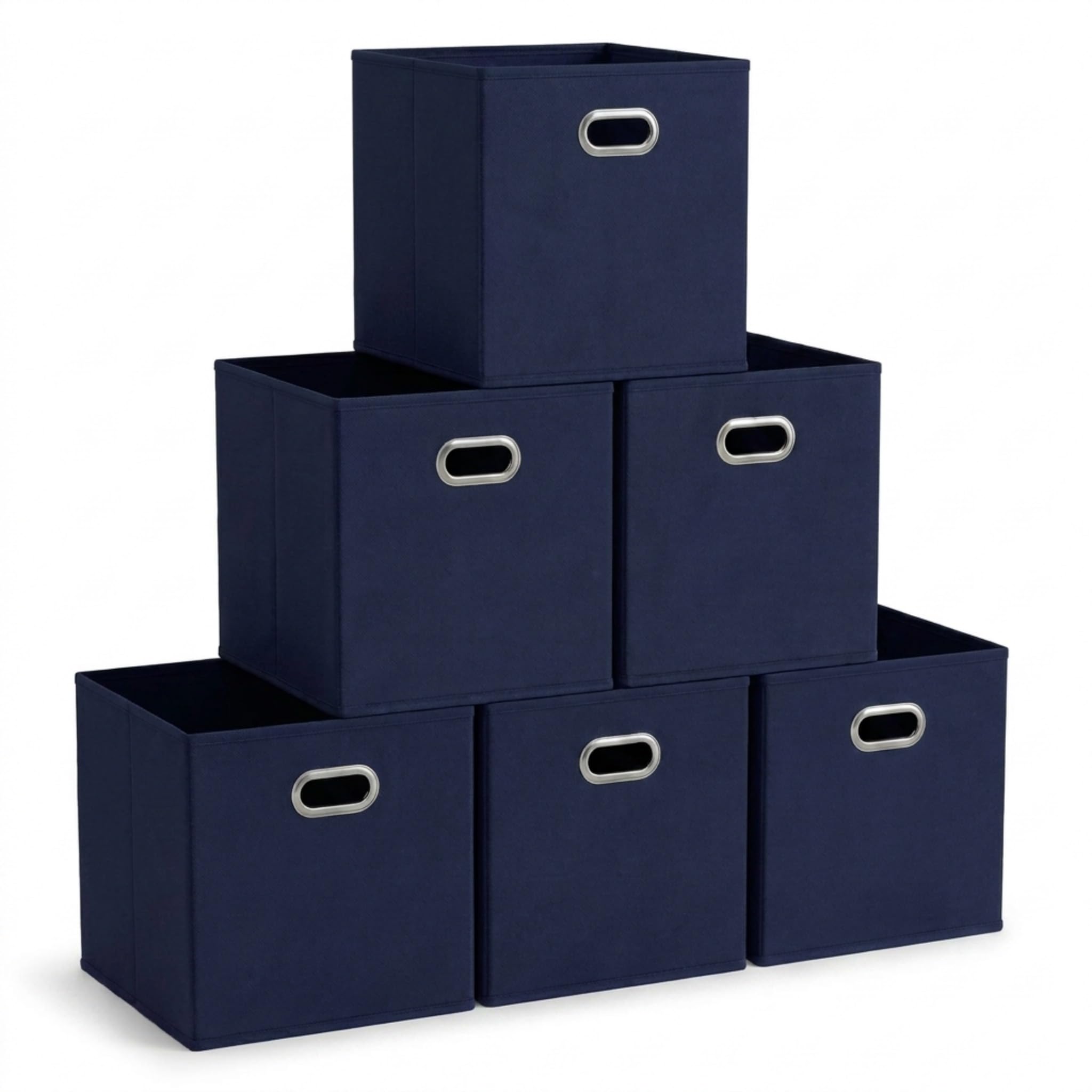 Household Essentials Fabric Storage Bins 6 Piece Set, Strong Poly-Woven Fabric, Sturdy Chipboard Sides, Grommet Front Handle, Stackable and Foldable, Classic Design, Navy