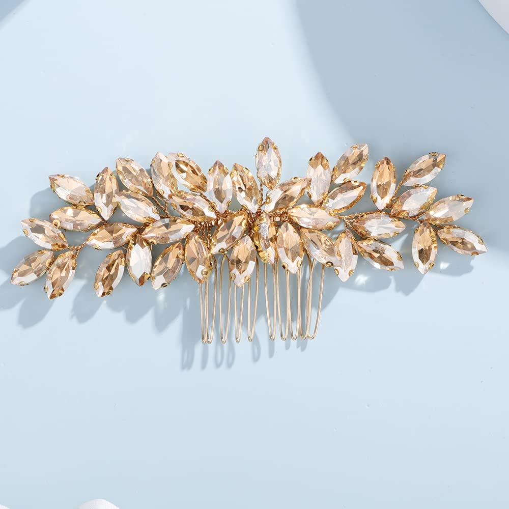 Teyglen Pettine per capelli da donna, delicato e semplice, con strass di champagne, per sposa, matrimonio, lussuosi accessori per capelli con strass lucenti, per donne, spose e ragazze (champagne)