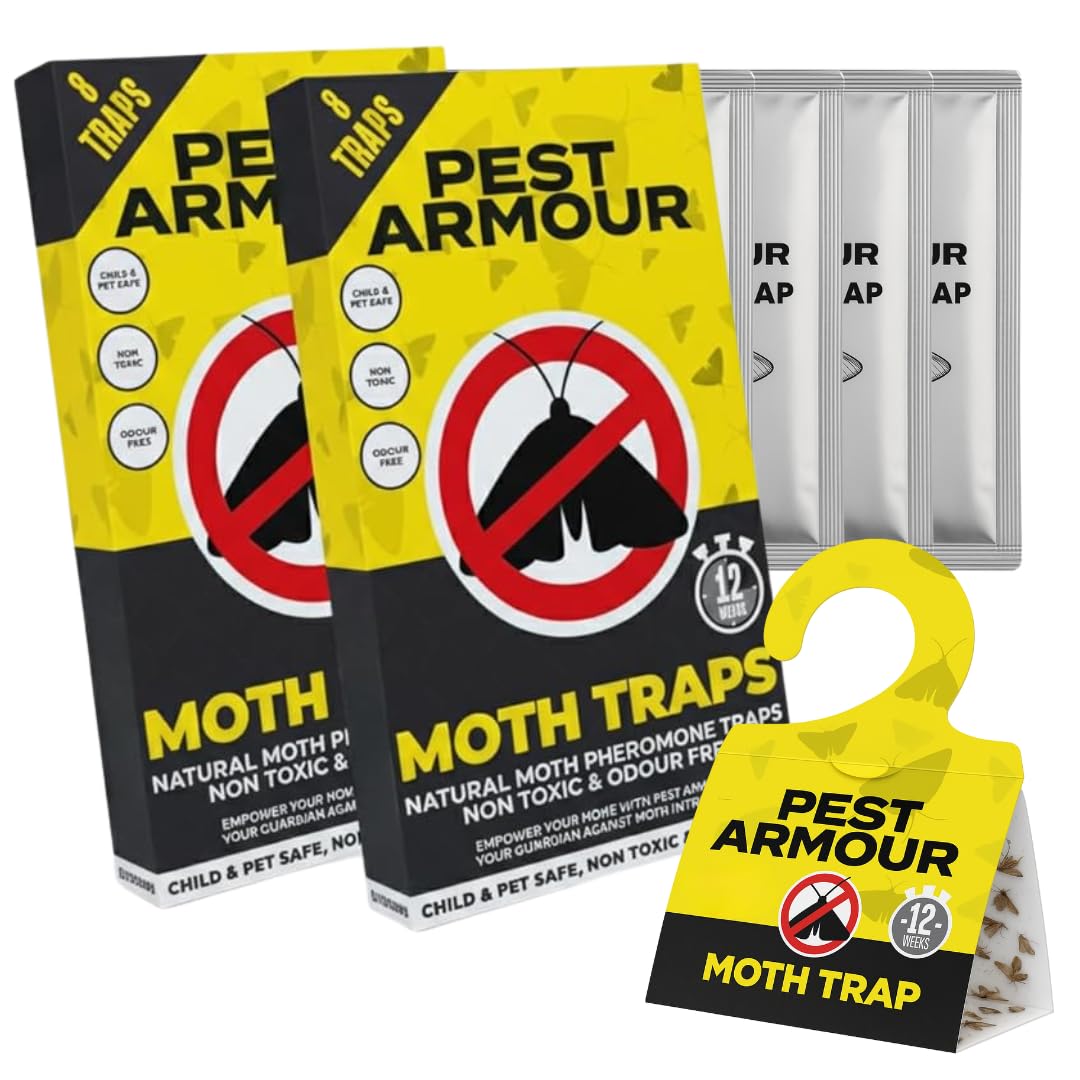 Pest Armour Premium Moth Traps - Ideal for Protecting Clothes, Carpets & Wardrobes - Sticky Moth Killer Natural Pheromone Traps - Non-Toxic Odour Free Child & Pet Safe Moth Catcher UK (Pack of 2)