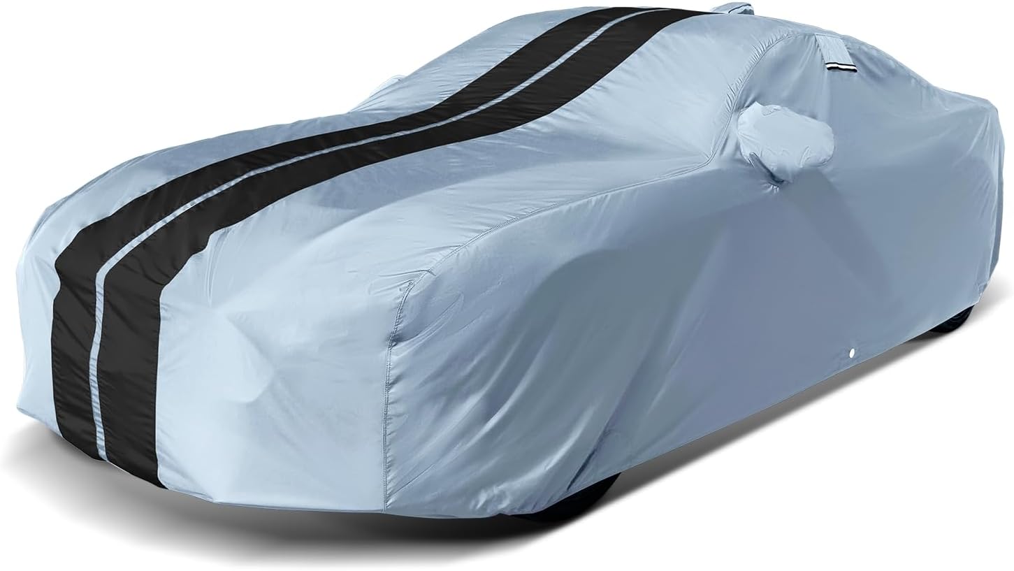 iCarCover Premium Plus Car Cover Waterproof All Weather Rain Snow UV Sun Protection, GR Supra, Lexus SC, Porsche Cayman, 718, 911, 350Z, 370Z, Size C30 (See Size Chart), Stripe - Gray/Black