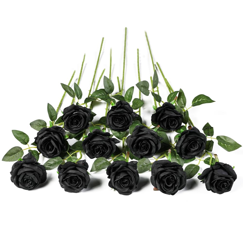 Kisflower 12Pcs Black Roses Artificial Flowers Realistic Single Stem Flowers Silk Rose Bouquet for Wedding Party Office Home Halloween Decorations (Black)