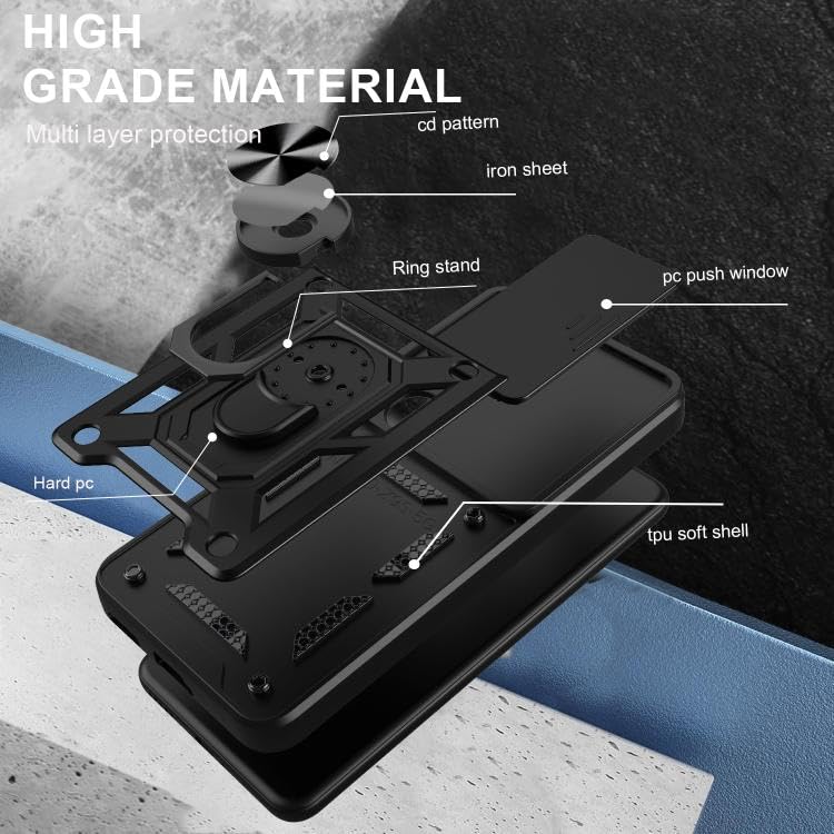 Image of SPAZY CASE Vivo T4 Ultra Back Cover | Heavy Duty Hybrid Case with 360 Degree Rotating Finger Ring Holder + Slider Shutter Camera Protection Case for Vivo T4 Ultra - Black