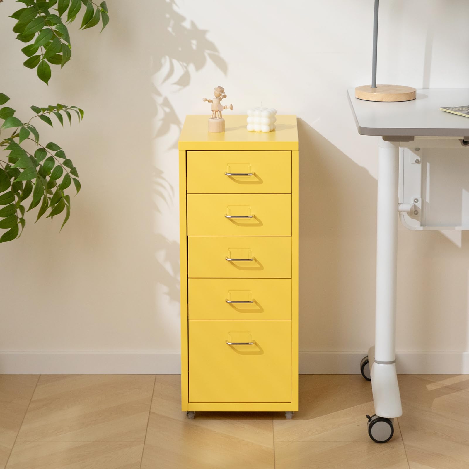 HollyHOME Archivador móvil de 5 cajones, organizador de archivos con ruedas, gabinete de almacenamiento de metal con ruedas para el hogar, la oficina y la escuela,amarillo claro