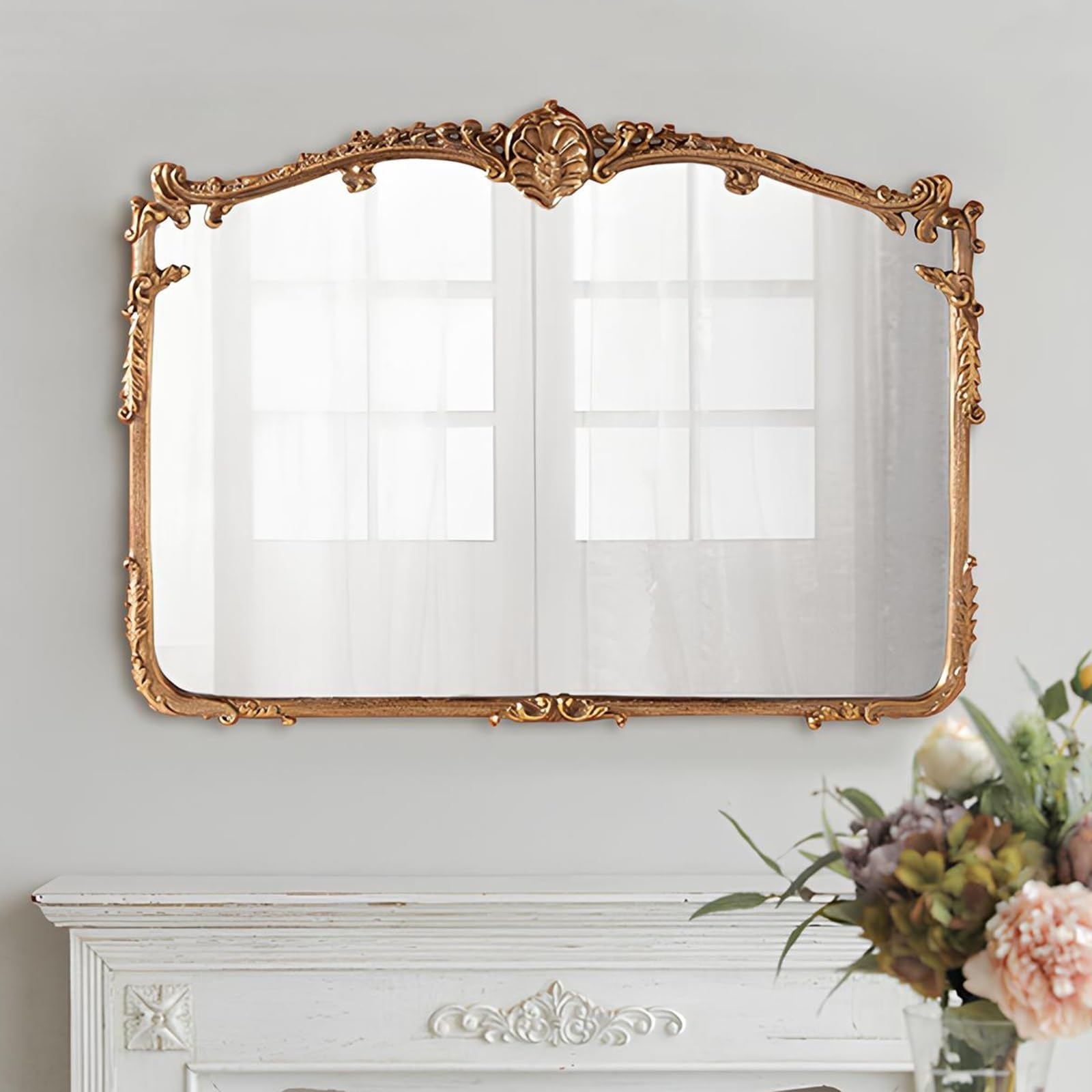 TZUFA European Style Decorative Wall Mirror, Wooden Frame Carved, Antique Ornate Vanity For Fireplace Entryway Living Room Hallway Bathroom(60 * 80cm)