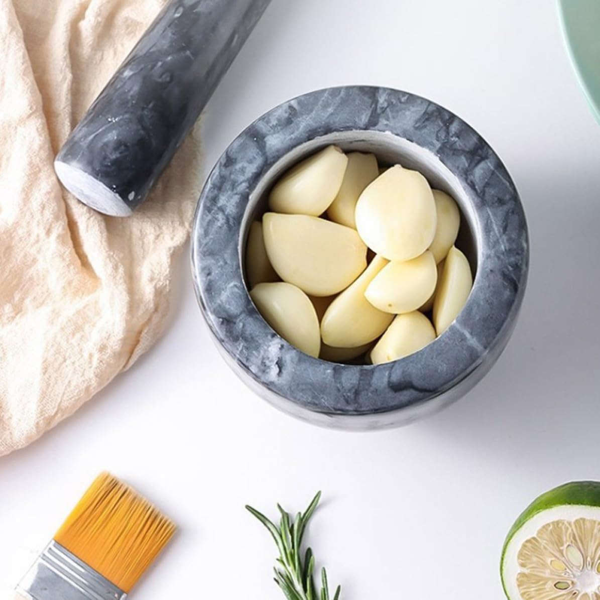 VILLCASE Juego de Mortero y Pilón de Mármol Negro para Triturar y Liberar Sabores Naturales, Herramienta Manual Adecuado para Cocina y Hogar