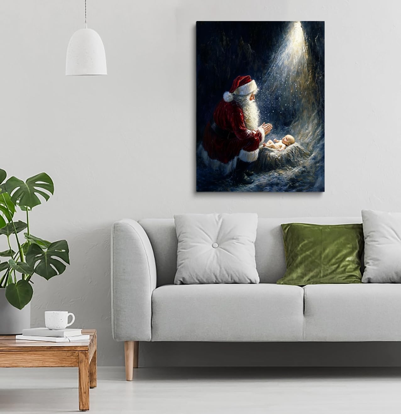 Santa And Christ Child Wall Art,Kneeling Santa,Santa Kneeling,Santa Nativity,Baby Jesus Manger Poster, Santa Kneeling At Manger,Christ Child In Manger Print,Jesus And Santa Art 16x24inch Framed Art