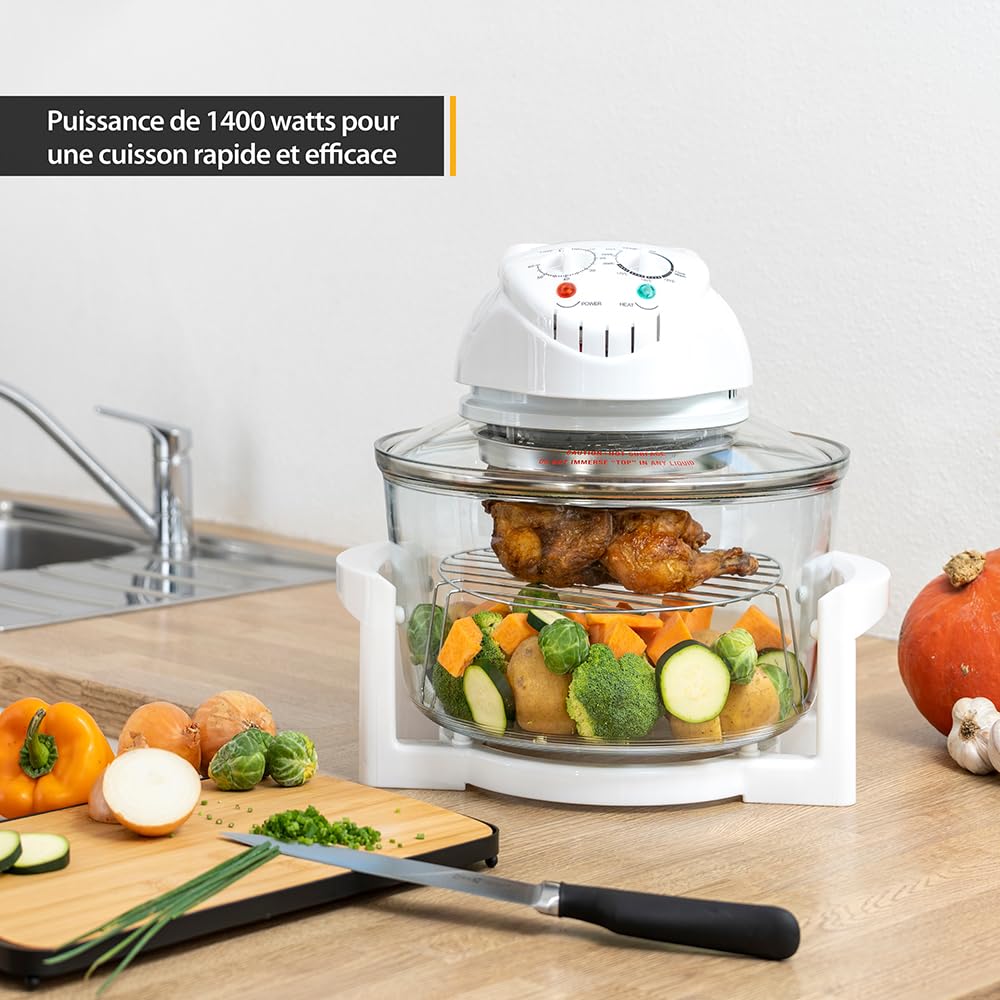 TZS First Austria - Four halogène 1200-1400W en verre et acier inoxydable - Mini four avec fonction de ventilation et accessoires, température : 65-250°C - Four capacité 12-17L et minuterie 60 min.