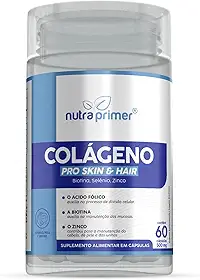 Colágeno PRO Skin & Hair Nutraprimer 60 Cápsulas de 500mg– Colágeno Hidrolisado com Ácido Hialurônico, Biotina, Q10, Zinco, Selênio e Ácido Fólico