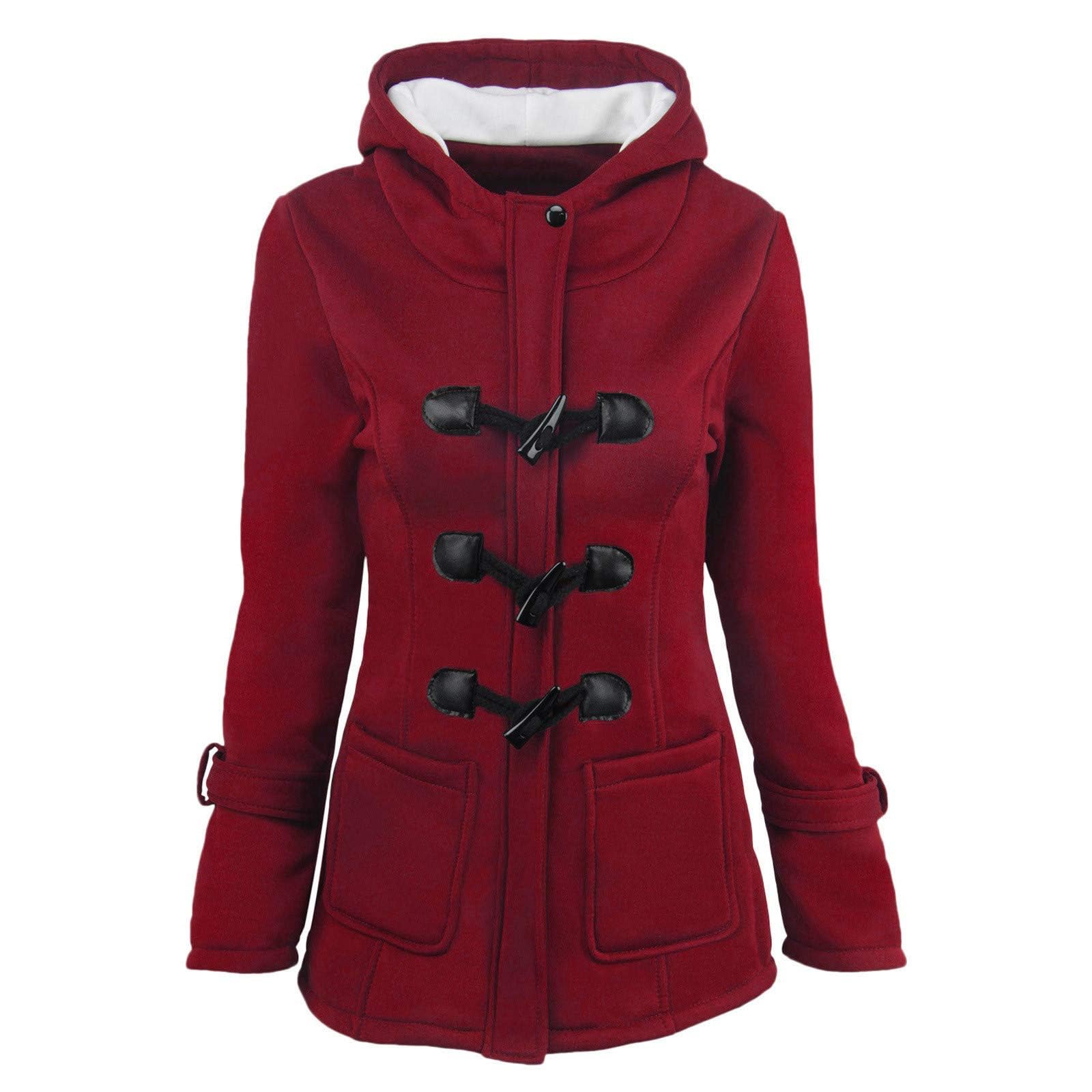 Womens Horn Button Fleece Jacket Hooded Sherpa Lined Coats Classic Fashion Winter Thicken Warm Pea Coat Parkas Outwear
