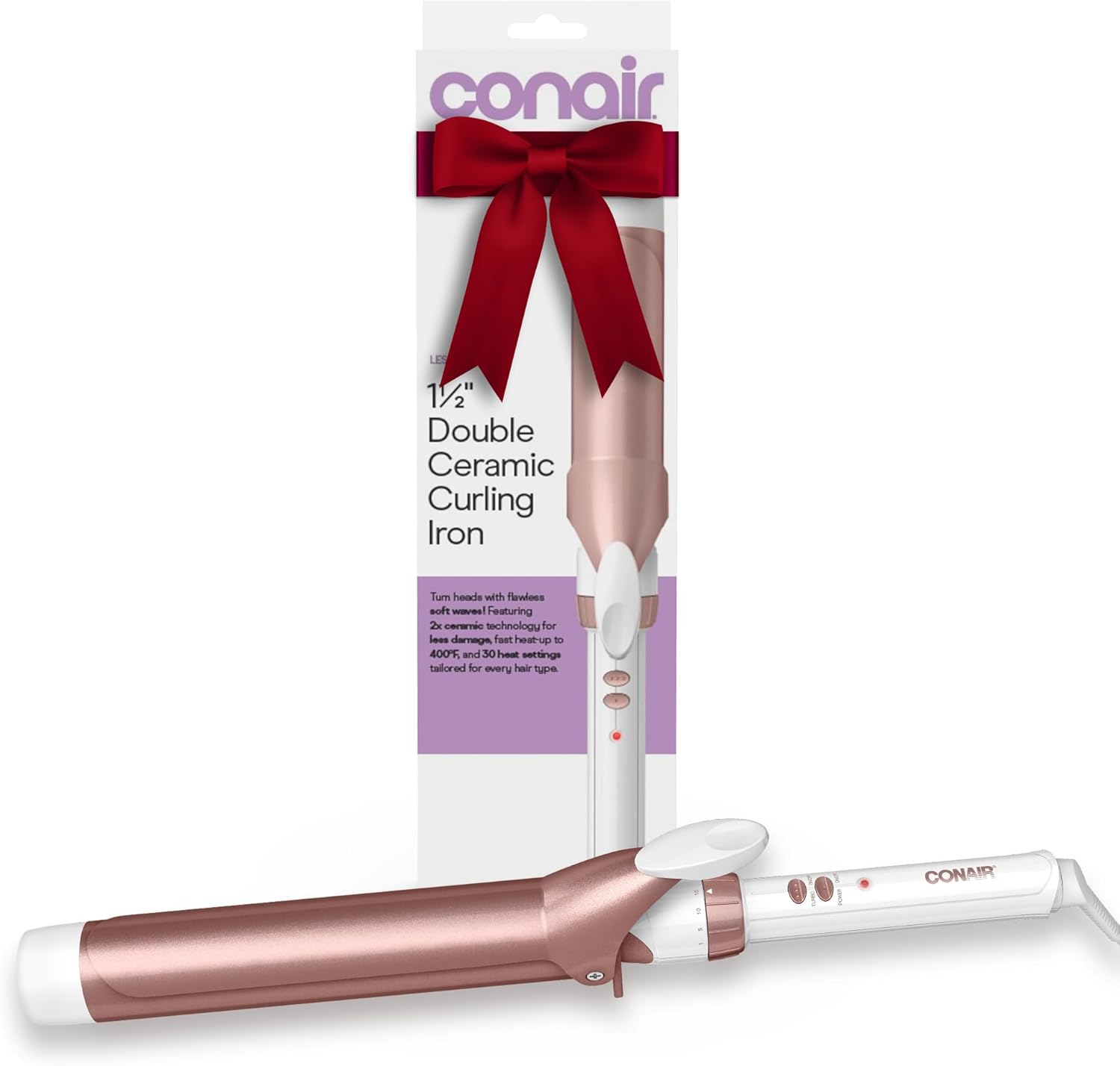 Conair Double Ceramic 1 ½-Inch Long Barrel Curling Iron, 1 ½-Inch Barrel Creates Soft Waves, Hair Waver for Use on Medium &amp; Long Hair, White/Rose Gold