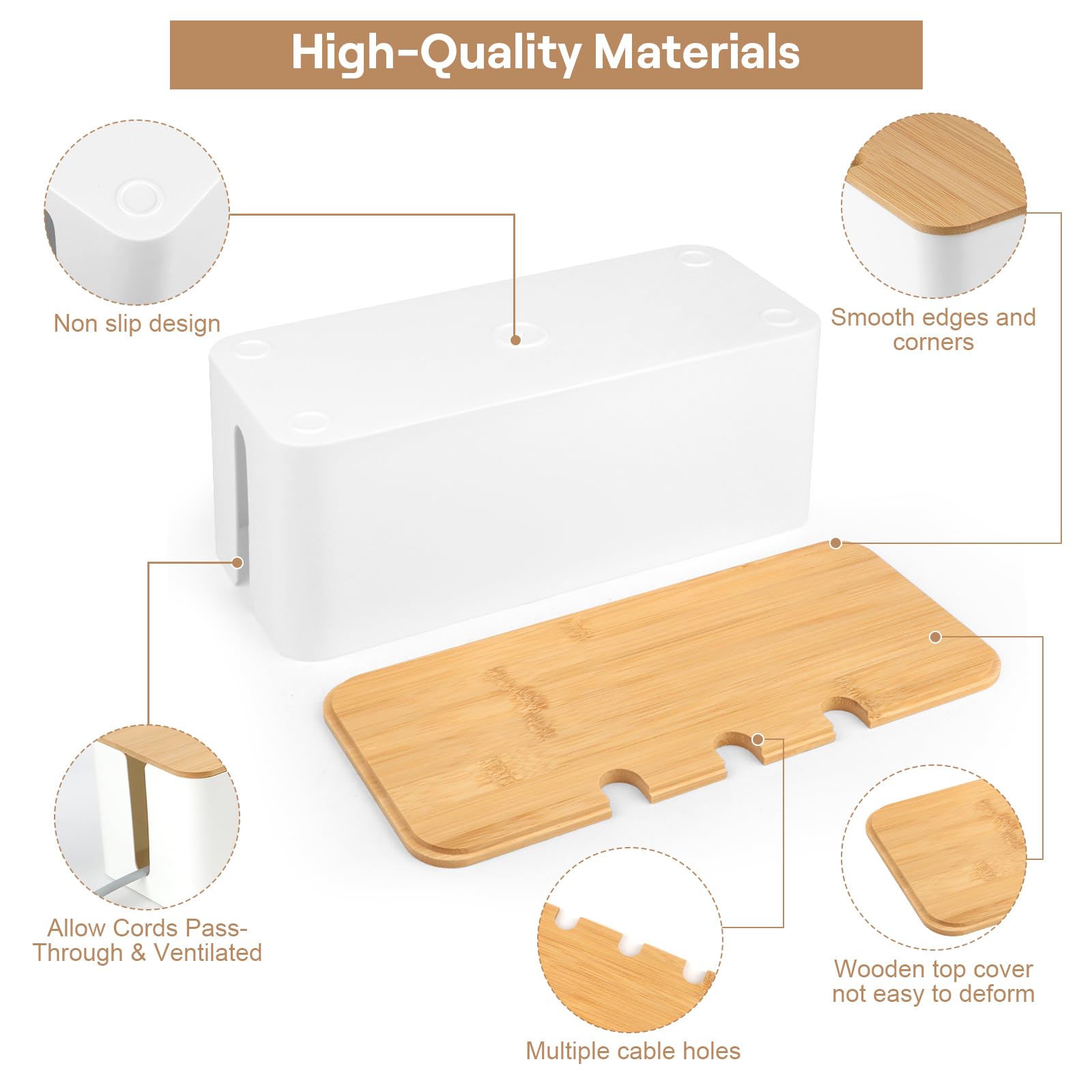 Set de 3 Caja Organizadora de Cables, Caja de Gestión de Cables con Tapa de Bambú, Cajas Guarda Cables, Ocultar Organizador Cables para Regletas TV Escritorio