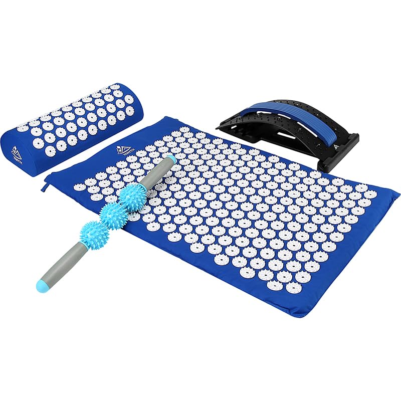 Acupressure Mat and Pillow Set with 4-Level Back Stretcher and Spike Muscle Roller-Full Body Pain Relief, Muscle Relaxation, Back and Neck Treatment -Acupuncture Mat for Chronic Lower Back Pain Relief