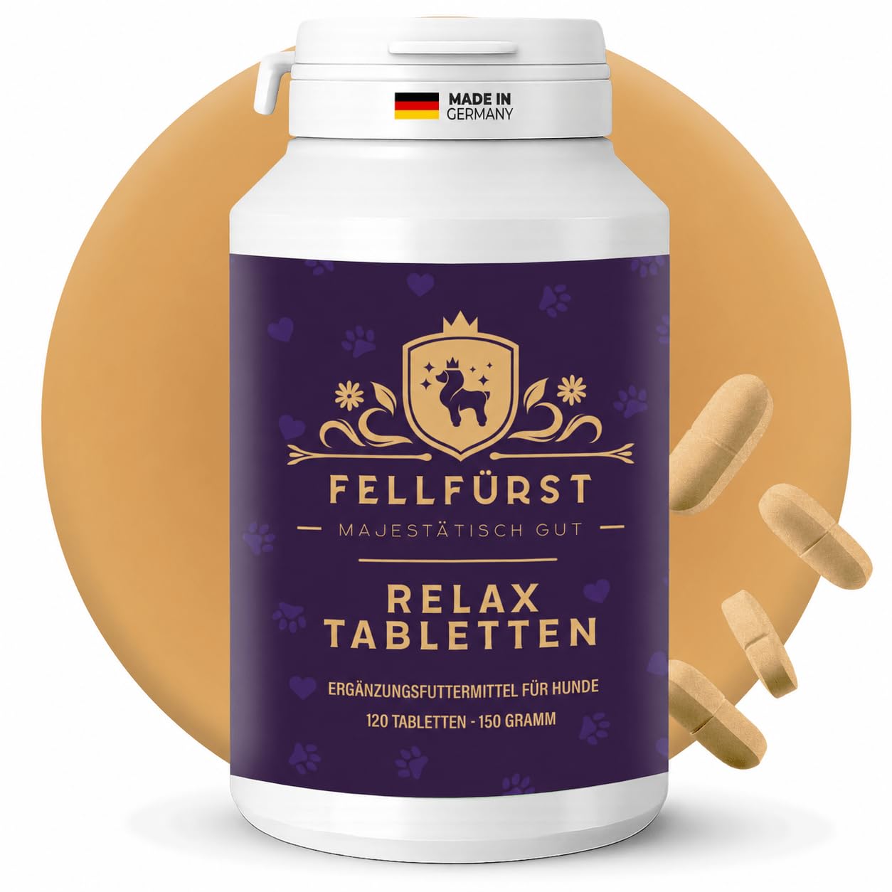 FELLFÜRST Beruhigungsmittel Hund- Baldrian & L-Tryptophan -Made in Germany | Relax Komplex mit Hanfsamenöl - Bei Angst, Stress & Silvester - Mit Kamille, Baldrian & Vitamin B-Komplex - 120 Tabletten